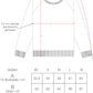 Technische Zeichnung eines Damen Sweatshirts und dazugehörige Maßtabelle für die Größen XS bis XL