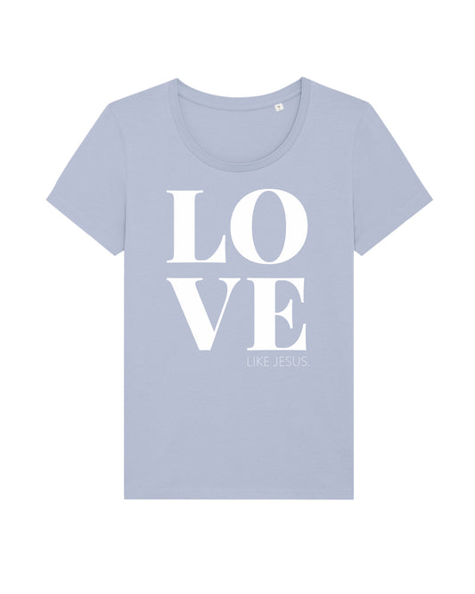 Damen-T-Shirt in hellblau mit weißem LOVE LIKE JESUS Druck