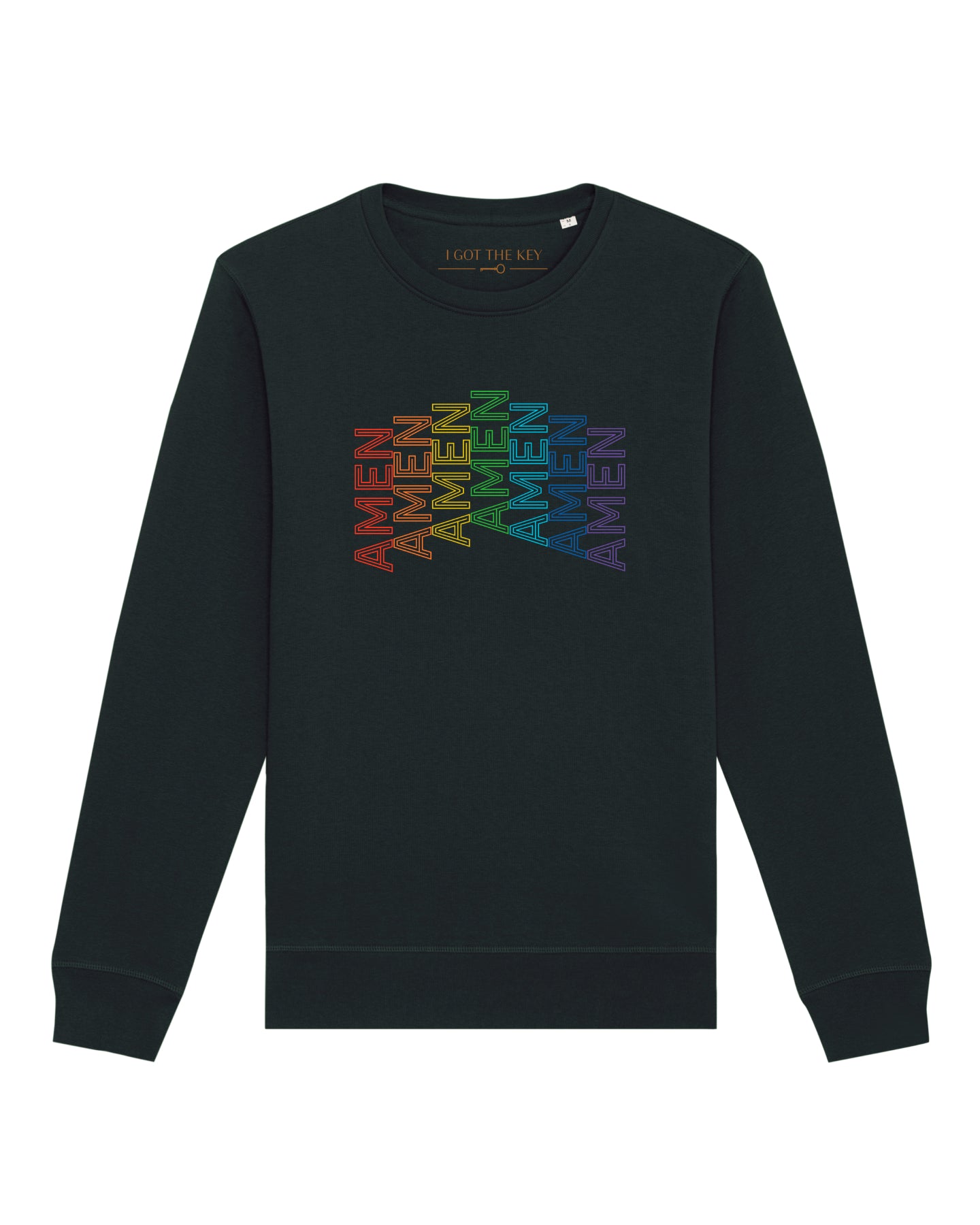 Schwarzes Sweatshirt mit AMEN Druck in Regenbogenfarben.