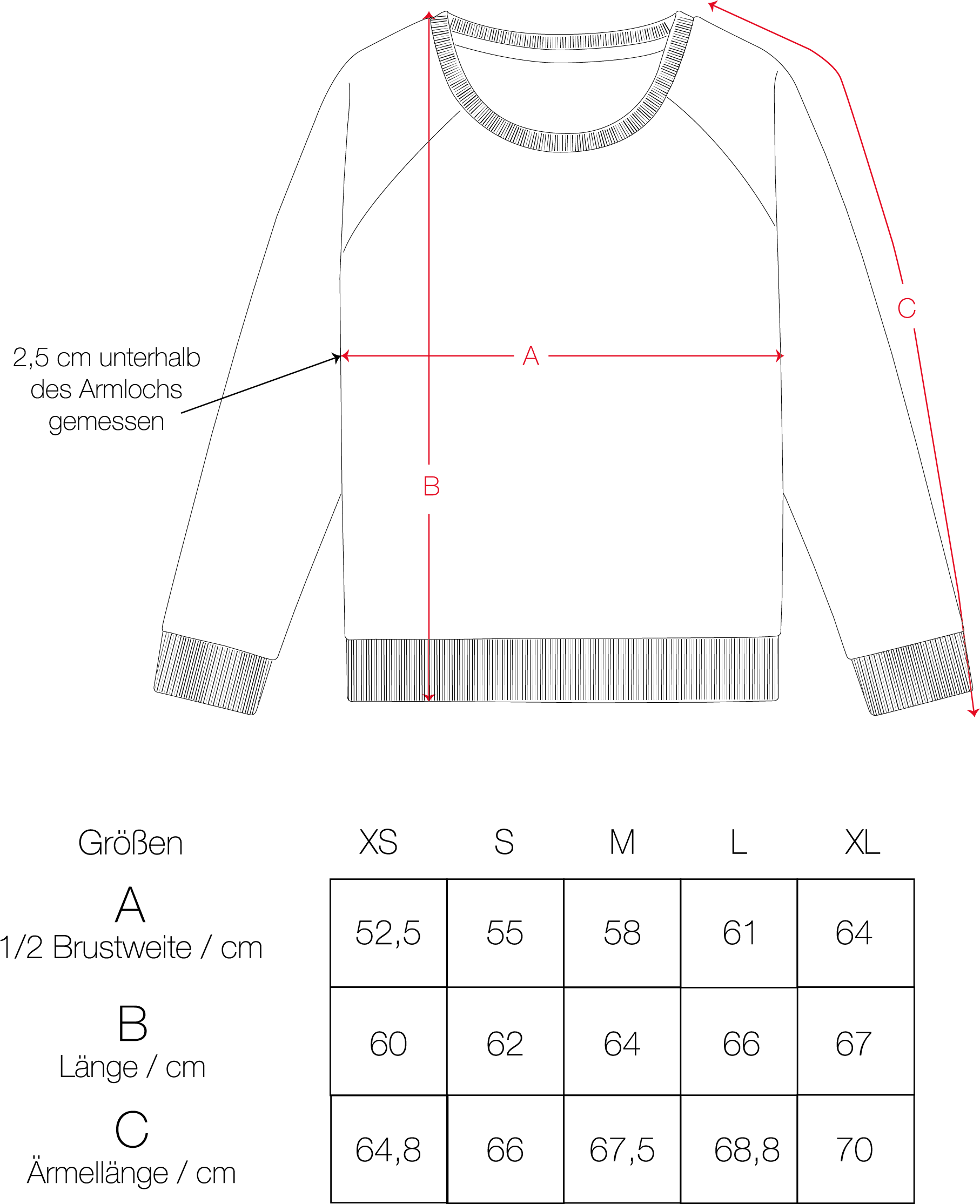 Technische Zeichnung eines Damen Sweatshirts und dazugehörige Maßtabelle für die Größen XS bis XL
