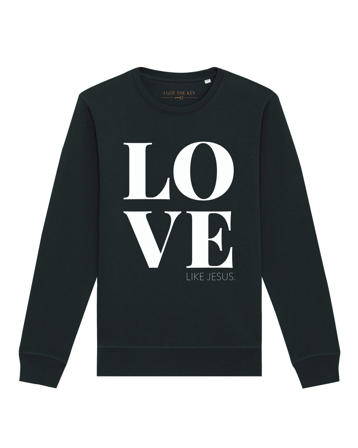 Unisex Sweatshirt in schwarz mit weißem LOVE LIKE JESUS Druck