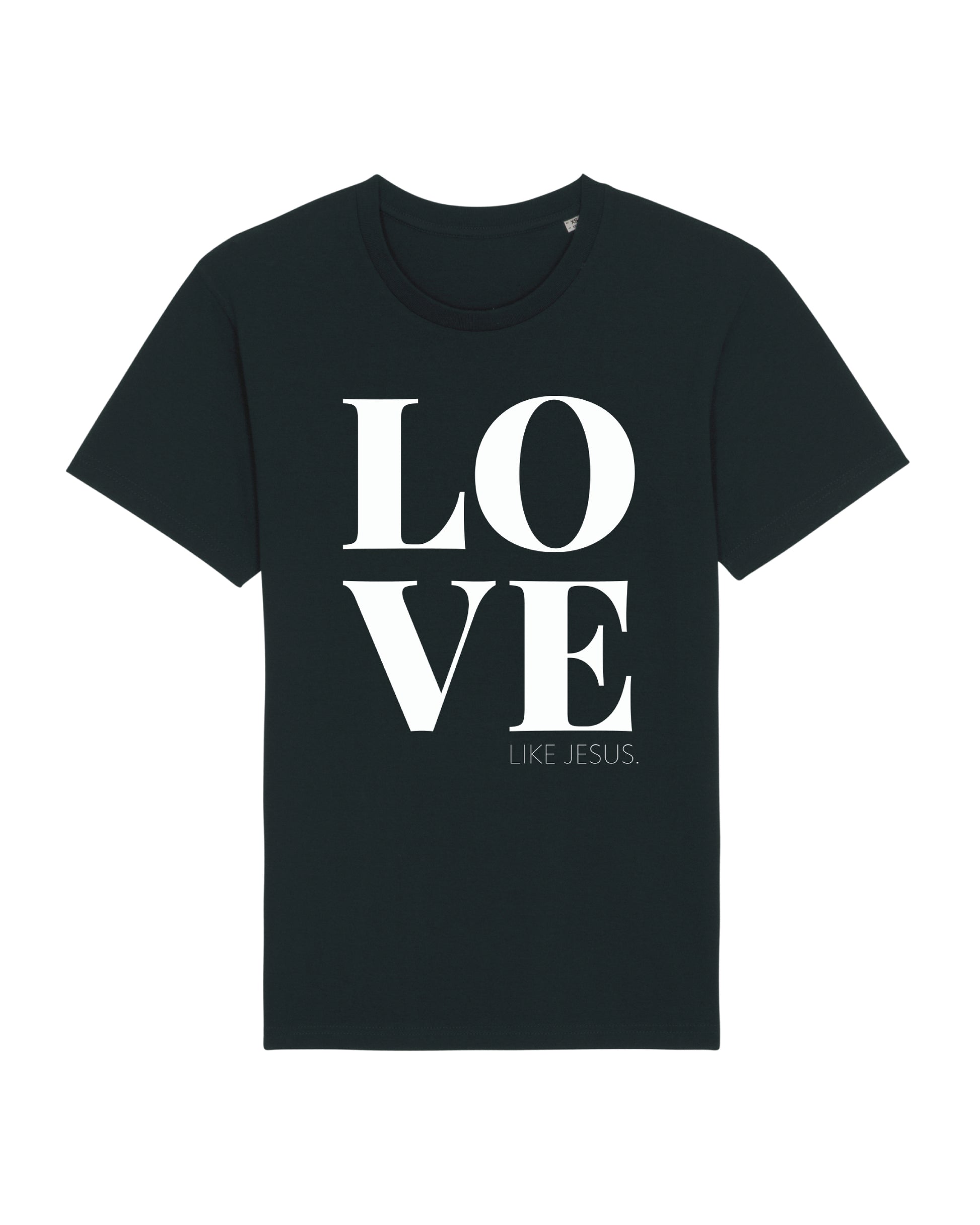 Unisex T-Shirt in schwarz mit weißem LOVE LIKE JESUS Druck